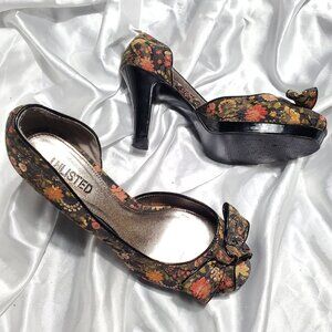 UNLISTED black floral patent trim d'orsay open toe heels with bows  SZ 9